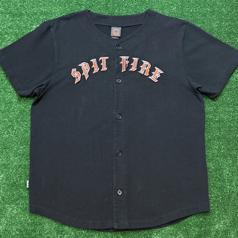 Vintage Spitfire Wheels Old English Black Baseball Jersey Sz Large Double Sided